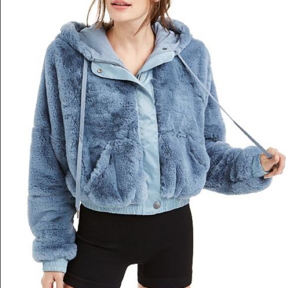 FREE PEOPLE MOVEMENT Love It Soft Faux Fur Zip Up Hoodie Jacket Blue Size XS - Picture 3 of 10